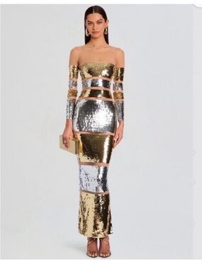 Retrofete Silver and Gold Off-the-Shoulder Bodycon Maxi Dress $1195 small NWOT